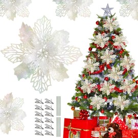 LFBEST 12 Pcs Christmas Flowers Large (16Cm) Glitter Poinsettia 6.2" Artificial Flowers,Silver White Christmas Tree Flowers Decorations With Clips Stems For Christmas Tree Hanging Party Xmas Decor
