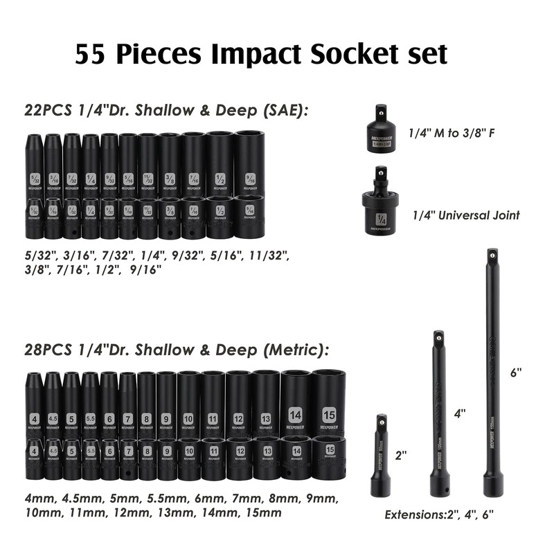 MIXPOWER 55 Pieces 1/4" Dr. Impact Socket Set, CR-V, 6