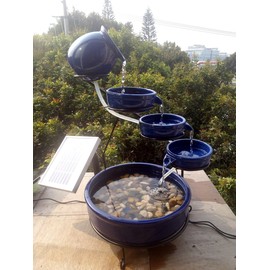 ASC Cascade Ceramic Solar Water Fountain Bowls 5 Tierd with Panel Pump Cascading Garden Decoration Bird Iron Frame (Blue Daytime)