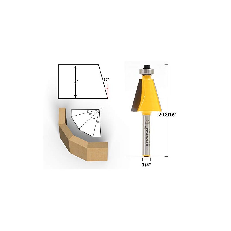 YONICO Chamfer Router Bits Bevel Edge Forming 15 Degree 1/4-Inch