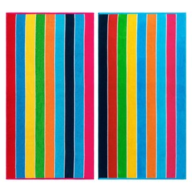 GoLinens Pure Cotton Oversized Beach Towel with Stripes Pattern Set of 2, Rainbow Stripe -Multicolor