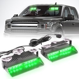 PKINGLAKE 2 in 1 LED Emergency Dash Strobe Light Bar Front/Rear Windshield Safety Flashing Warning Hazard Interior Lights for Police Firefighter Construction Vehicles Trucks (2x7.5 inch, Green)