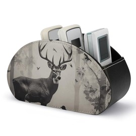 DJUETRUI Hunting Silhouette of Deer Leather Remote Control Holder with 5 Compartments TV Remote Caddy Storage Box Tray Desktop Organizer Store Controller for Media Player Heater Controllers