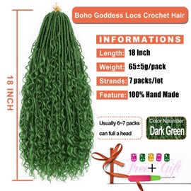 18Inch Goddess Locs Crochet Hair 7Packs Bohemian Goddess Faux Locs Crochet Hair Pre Looped Boho Soft Locs Synthetic Braids Hair Extensions for Women (Dark Green#, 18 Inch)
