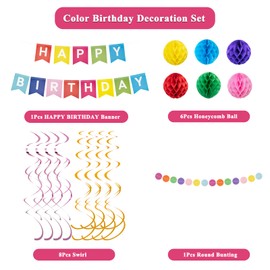 Kriovoa Happy Birthday Banner, Colourful Happy Birthday Decorations, Rainbow Birthday Banner Bunting for Girls Boys Women Men with Honeycomb Ball, Streamer for Birthday Party Decorations.