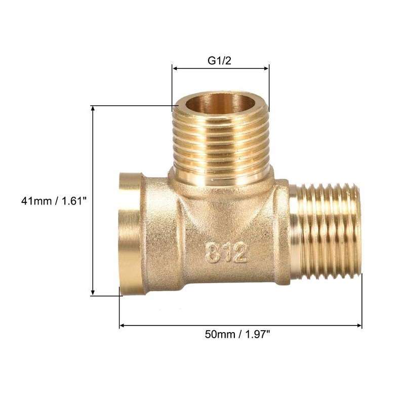 sourcing map Brass Tee Pipe Fitting G1/2 Male XG1/2 Male