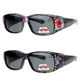 Pink Ribbon Shades, Inc. 2 Pair Polarized Lenses Rhinestone Fit Over (2 Pair 8871 Flower/Purple)