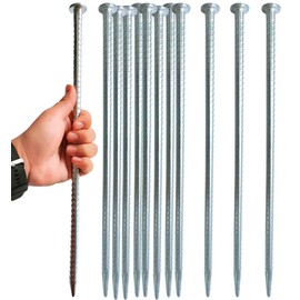 FOMMEN 16 Inch Rebar Stakes 14 Pack - 0.5 Inch Diameter Threaded Galvanized Steel Ground Anchors - Heavy Duty Plant Support Garden Stake for Speed Bump, Wheel Stop, Tent Stakes