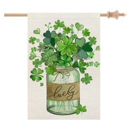 CROWNED BEAUTY St Patricks Day House Flag 28x40 Inch Double Sided for Outside Big Burlap Green Shamrocks Clovers Mason Jar Lucky Welcome Yard Holiday Flag CF727-40