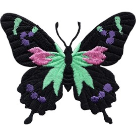 Butterfly - Black with Pink, Purple, and Mint Green Accents - Embroidered Iron on Patch