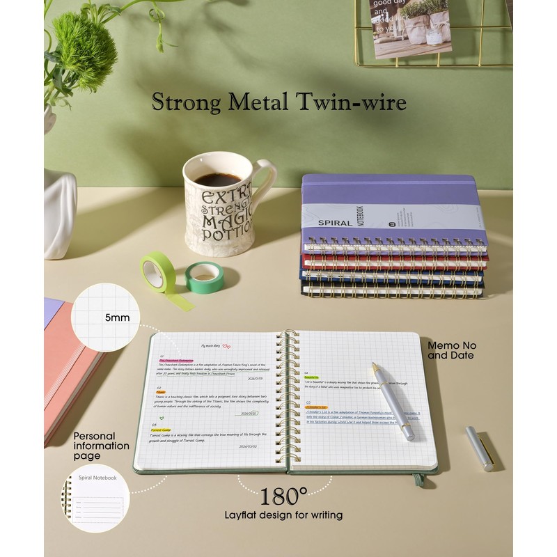 Graph Spiral Journal Notebook, A5 Hardcover Spiral Journals for Women