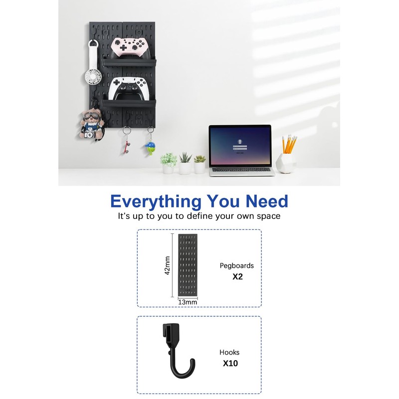 Pegboard Wall Organizer - Modular System for Gaming Setup, Office