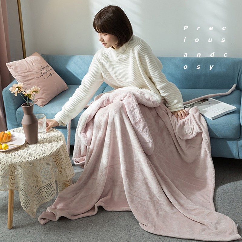 Hooded Blanket Wearable Polyester Plush Rabbit Ear Hooded Blanket Throw