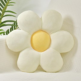 FSRONGXI Daisy Flower Cushion, Decorative White Decorative Cushions, Cute Floor Cushions, Aesthetic Preppy Room Decorative Cushion for Bed, Sofa, Chair 38 cm (White and Yellow)