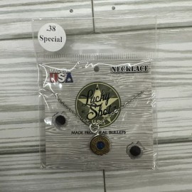 Lucky Shot USA made .38 special bullet necklace blue gem hand made