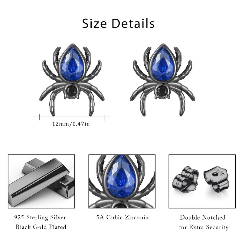 Gothic Spider Stud Earrings, 925 Sterling Silver Blue Zircon Stone