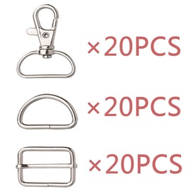 HEXJOZEI 60 PCS Set of Rotary Spring Hook, D-ring and Sliding Buckle Triangle for Bag Manufacturing, Used for Bag Fastener, Ianyard, Sewing, Key Buckle Hook DIY Process Accessories(1” Inside Width), Silver, 1” Inside Width