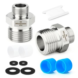 TAISHER 2PCS 304 Stainless Steel Reducer Faucet Adapter 1/2" G Thread (BSP) × 3/8" Compression Pipe Fitting for RV kitchen bathroom faucet supply line adapter with rubber gasket