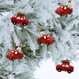 Banberry Designs Red Truck Christmas Ornaments - 3 Trucks and 2 Cars with Christmas Tree #2083