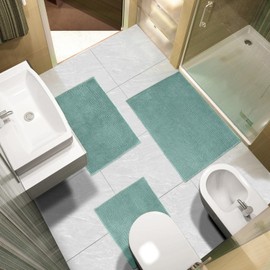 Urvoix Bathroom Rugs Sets 3 Piece, Non-Slip Chenille Bath Rug - Ultra Soft, Washable, Super Absorbent Bath Mat for Bathroom, Toilet and Tub (Aqua Sea)