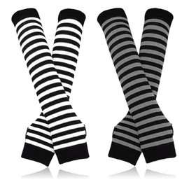 Weuiean XTT-66 Long Women's Arm Warmers, Set of 4, 2 Pieces, Cotton Blend, Thin Knit, Cold Protection, UV Protection, Arm Cover, Gloves, Stylish, Unisex, 2 Black White + 2 Black Grey