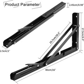 YUMORE Folding Shelf Brackets, 16 Inch Heavy Duty Collapsible Shelf Bracket, Black DIY L Bracket for Workbench Folding Table Hinge, Max Load: 330lb, Pack of 2