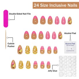 French Tip Press on Nails Short Almond SWEKKE Fake Nails 3D False Nails with Strawberry Water Drop Flower Designs Pink Glossy Glue on Nail Summer Acrylic Nail for Women Girls 24Pcs