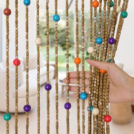 ANMINY Bamboo Wood Beaded Curtain for Doorways 75 x 35.5 Inch Rainbow Colorful Hippie Door Window Beads 38 Strands Handmade Natural Wooden Boho Hanging Bead Curtain Room Decor - Brown Colorful