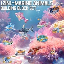 YCJZXMS 12 Piece Set of Marine Animal Building Blocks, Suitable for Goodie Bags, Stocking Stuffer, Classroom prizes, Birthday Gifts, Boys' and Girls' Toys 12 in one Building Block Set