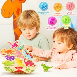 Japace Stacking Game from 3 Years Dinosaur Toy, Children's Wooden Toy Montessori Toy from 3 4 5 6 Years Balancing Stacking Toy Motor Skills Toy Educational Games Gifts for Girls Boys