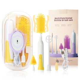 Electric Bottle Brush,Electric Baby Bottle Brush Set with Silicone Bottle/Pacifier/Straw Brush and Mixing Head, Cleaner Brush with Drying Rack, 2 Modes & 360° Rotation (Yellow)