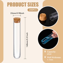 Thyle 200 Pcs Glass Test Tubes with Cork Clear Stoppers Round Bottom Lab Test Alcohol Tampons Glass Tubes Container Vials for Plants Scientific Experiments Candy Storage Party Favors (25x140mm/45ml)