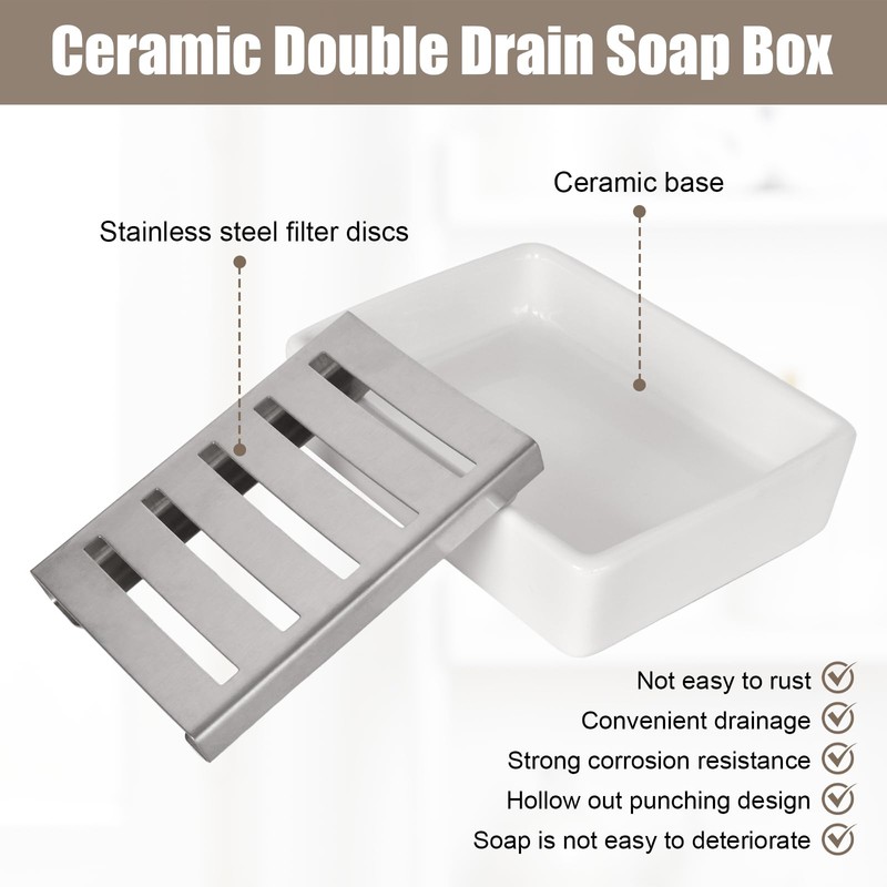Double Layer Ceramic Soap Dish, Waterproof Soap Dish with Drain,