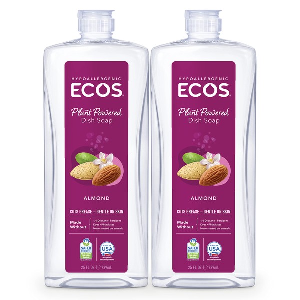 ECOS® Hypoallergenic Dish Soap, Natural Almond, 25oz by Earth Friendly Products (Pack of 2)