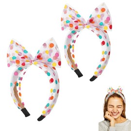 Fokmuaex 2PCS Women's Headbands Wide Knotted Bow Hairbands Non-Slip Soft Stretchy Headwraps Rainbow Polka Dot Hair Accessories for Girls Women (White with Colorful Dots)
