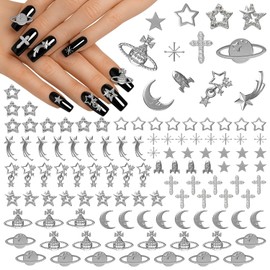 110 Pcs Silver Nail Charms and Gems - Cross, Planet, Moon, and Silver Star Nail Charms Designs with Rhinestones - Easy-to-Apply, Sturdy Acrylic For Stylish DIY and Professional Manicures