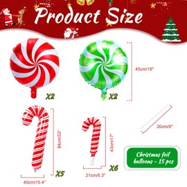 HOWAF Christmas Foil Balloons, 15Pcs Large Candy Cane Balloons Red Green Christmas Round Swirl Candy Foil Balloons Xmas Candy Helium Balloons for Candies Theme Birthday Party Christmas Decorations