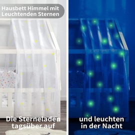 Hausbett Himmel Deko mit Leuchtenden Sternen, 2 Betthimmel & 1 Wimpelkette | Babybett Himmel für Kinderzimmer | Himmelbett Vorhänge für 90x200 & 120x200 Kinderbetten fürJungen/Mädchen (Weiß, 67x320cm)