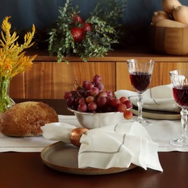 Huddleson Ivory Italian Linen Napkin with Chocolate Brown Contrast Hemstitch (Set of Six) Luxury Made in US