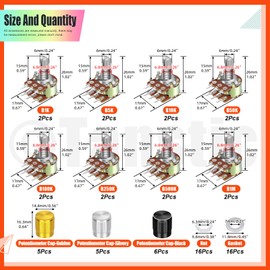 Tanstic 16 Sets B1K-B1M Potentiometer Linear Taper Rotary Potentiometer B Type Potentiometer with Knobs, Nuts and Washers