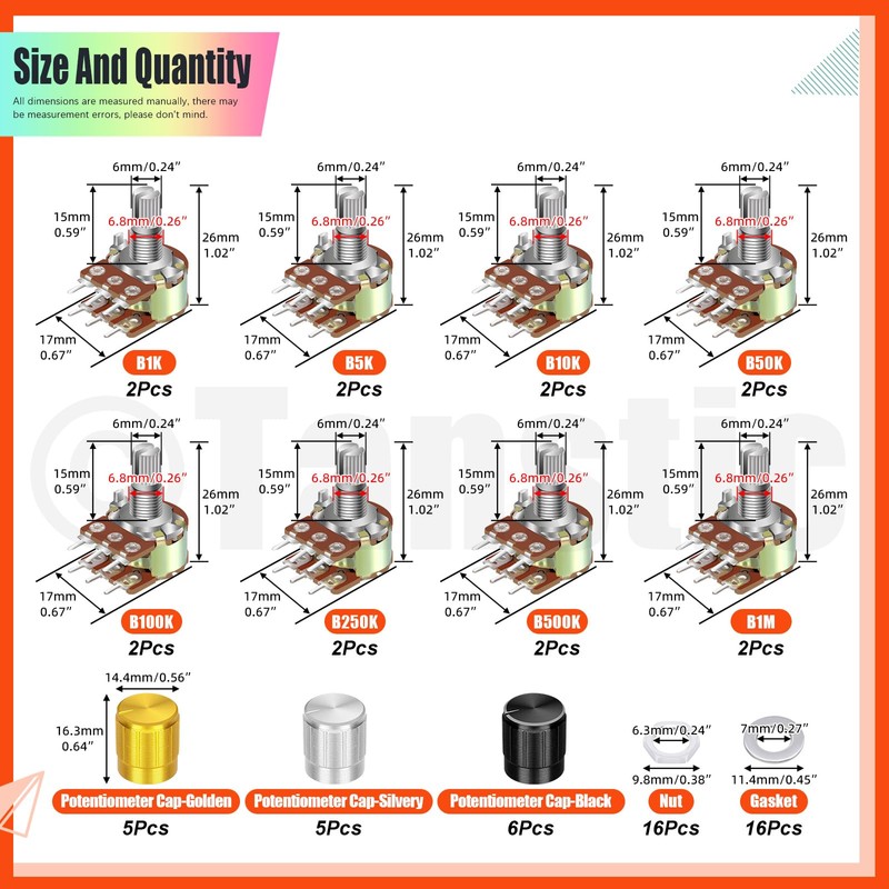 Tanstic 16 Sets B1K-B1M Potentiometer Linear Taper Rotary Potentiometer B