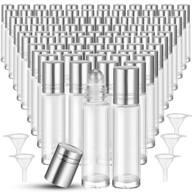 SEEWEY 96 Pcs Essential Oil Roller Bottles 10ml Empty Glass Roller Bottles with Stainless Steel Balls Protection Leakproof with 5 Funnel for Travel Perfume Lip Gloss (Clear, White Lid)