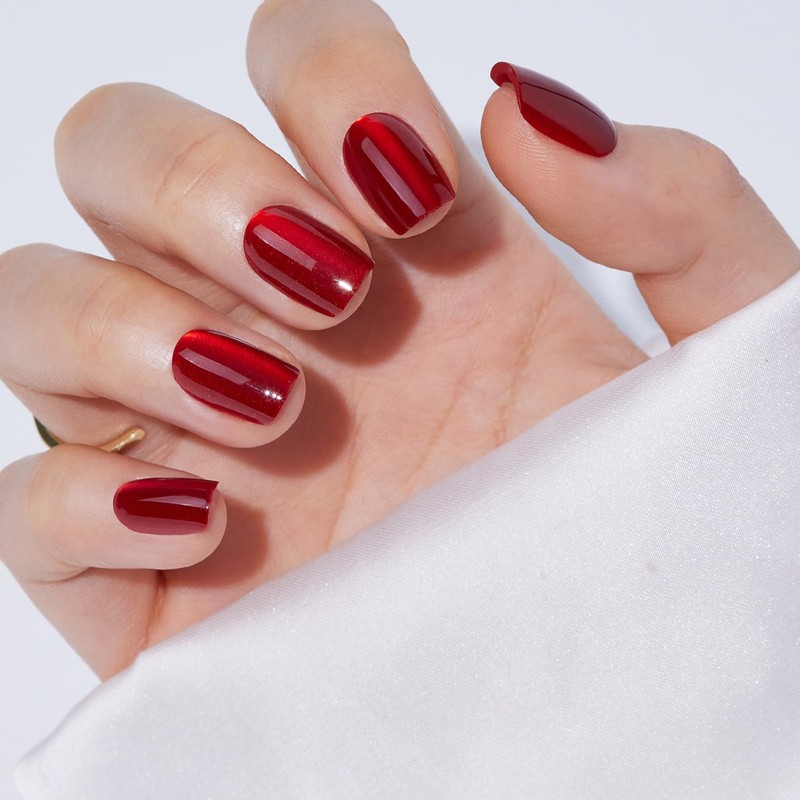 Findigit Short Red Fake Press On Nails - Cat Eye