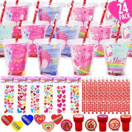 Valentines Day Gifts for Kids - 24 Pack Valentines Day Stationery Gift with Cards Pencils Stickers Erasers Stampers Sharpener Cups Classroom Prize School Exchange Boys Girls Party Favors
