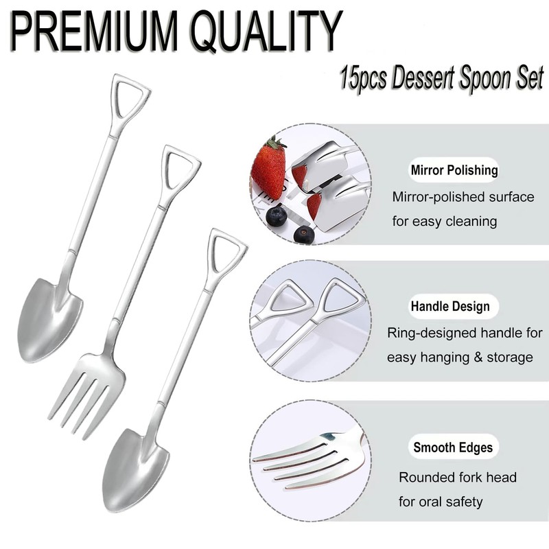 15 Pcs Silver Mini Shovel Spoons and Fork Set for