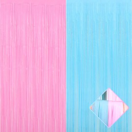 AIKENLIN 4 Pack 3.2ft X 8.2ft Macaron Pink & Blue Foil Fringe Curtains, Metallic Foil Fringe Streamers for Photo Booth, Wedding, Reveal