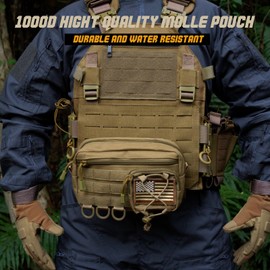 Tactical Molle Pouch, 1000D Water-Resistant Admin Medic Pouch with US Flag, Utility Molle Pouches for Tactical Vest Backpack, Dual-Purpose Sub Abdominal Dangler Drop Pouch (Khaki)