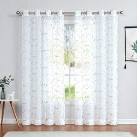 White Leaf Sheer Curtains for Living Room Curtains 84 Inches Long Grommet Top Floral Leaf Embroidery Voile Sheer Curtains for Bedroom Embroidery Window Curtains 2 Panels