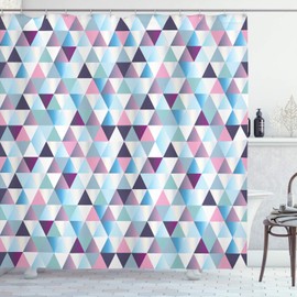 Ambesonne Geométrico Cortina de Baño, Triángulo Modelo Abstracto, Paño Conjunto de Decoración de Baño de Tela y Ganchos, 84" Extra Alta, Azul Claro Rosa Ciruela