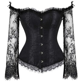 Zhitunemi Corsets for Women's Princess Renaissance Corset Lace Ruched Sleeves Elegant Overbust Top X-Large Black